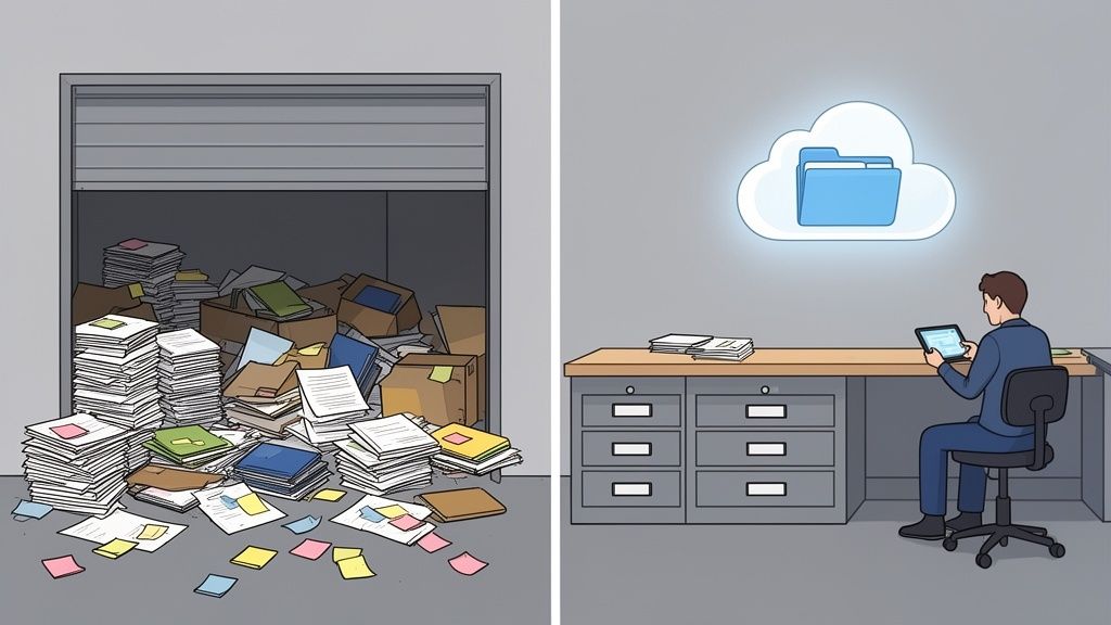 Image contrasting messy physical documents in storage with neat digital files stored in the cloud.