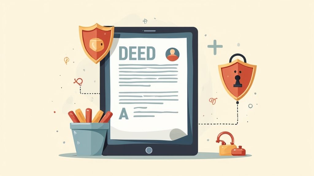 A tablet displays a digital deed document with security shields and an unlocked padlock, symbolizing property protection.