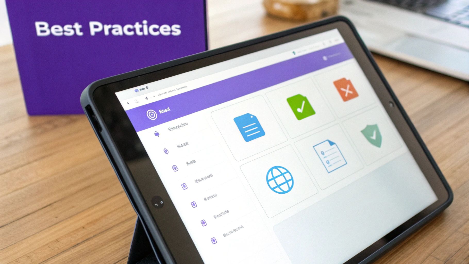 A tablet displays document management software with icons for files, checks, and a globe, beside a 'Best Practices' box.