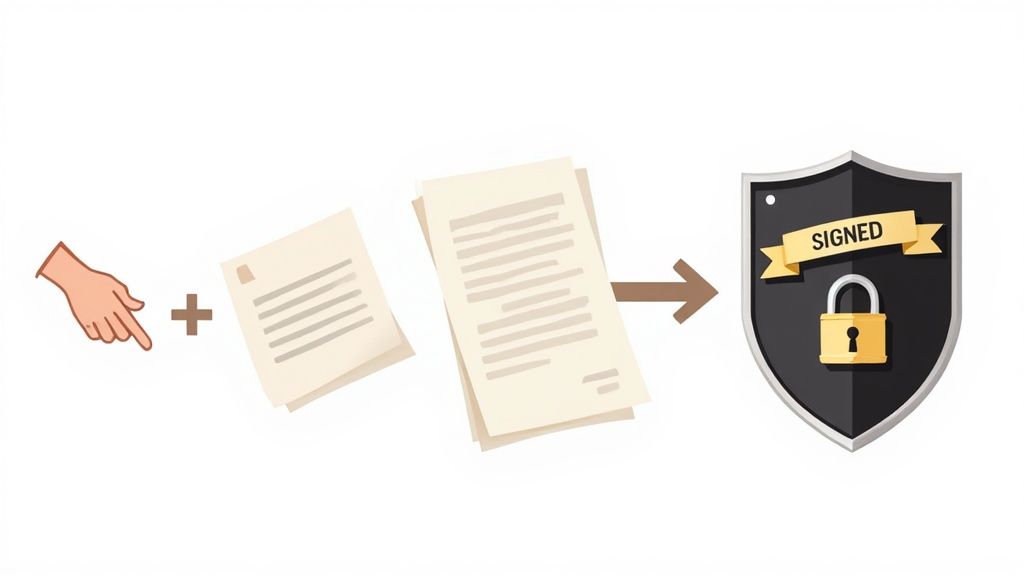 Illustration of a hand processing documents, leading to a securely signed and locked digital file.