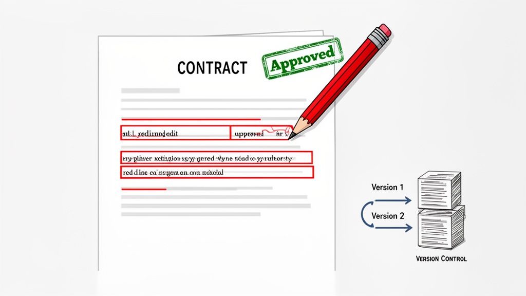 Contract document with red-lined edits, an 'Approved' stamp, a pencil, and stacks of papers for version control.