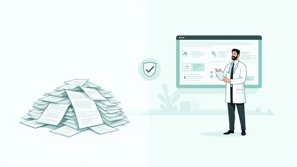 A doctor uses a digital healthcare system, contrasting with a large pile of paper documents and a security shield.