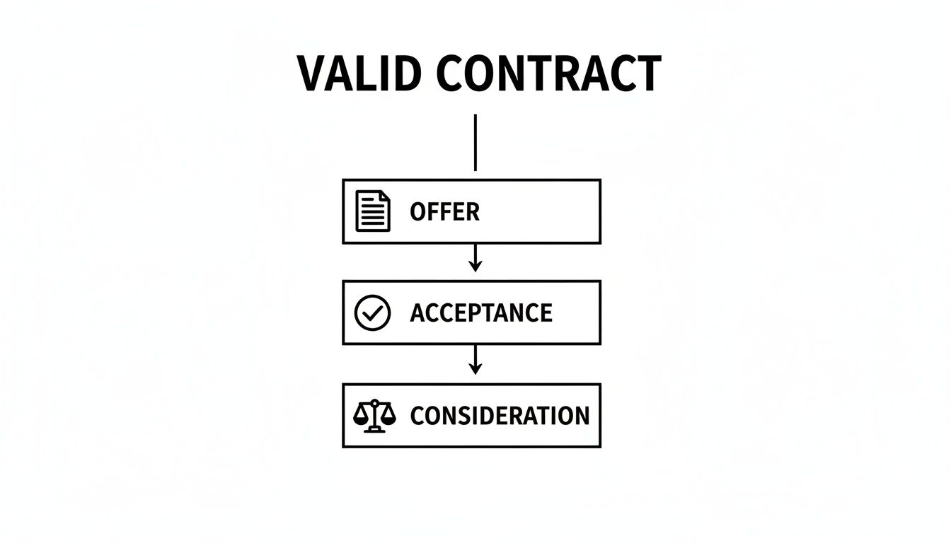 Flowchart illustrating the three essential elements required for a valid contract: offer, acceptance, and consideration.