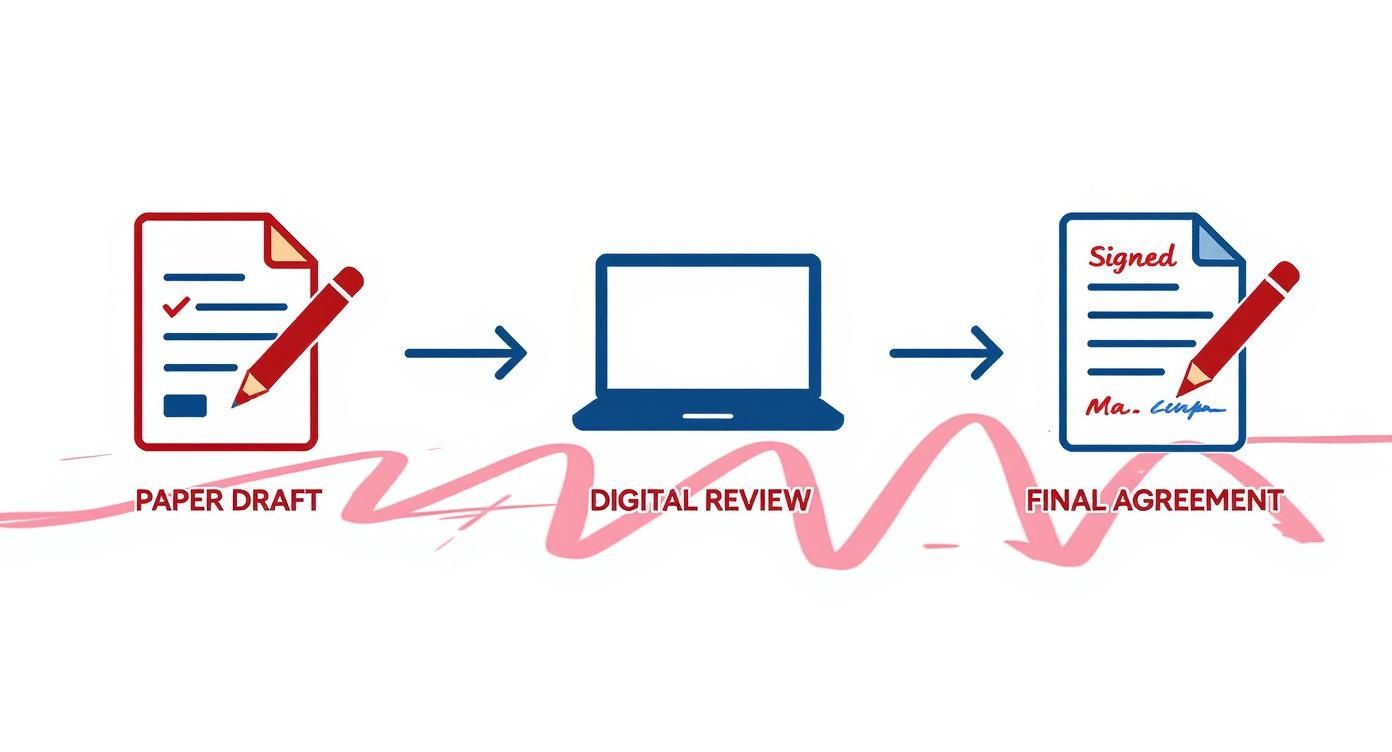 Illustration showing a document workflow from paper draft to digital review and final signed agreement.