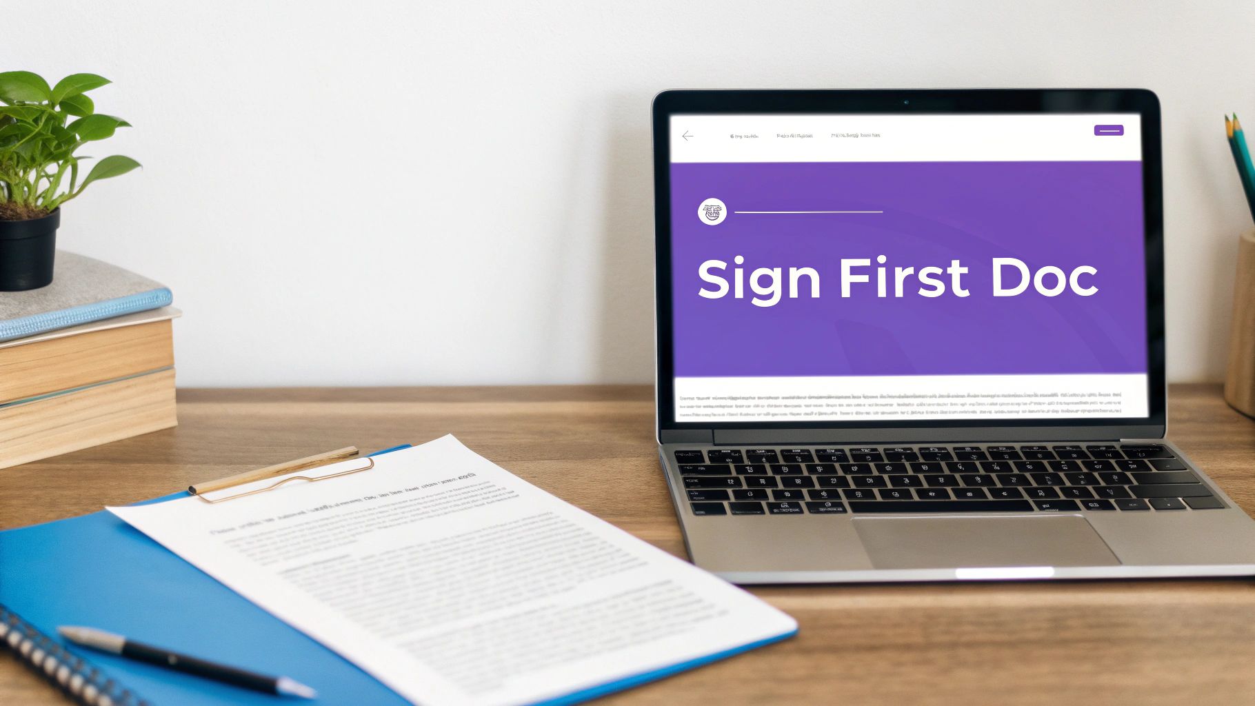 A laptop displaying a digital signature application on a wooden office desk with documents.