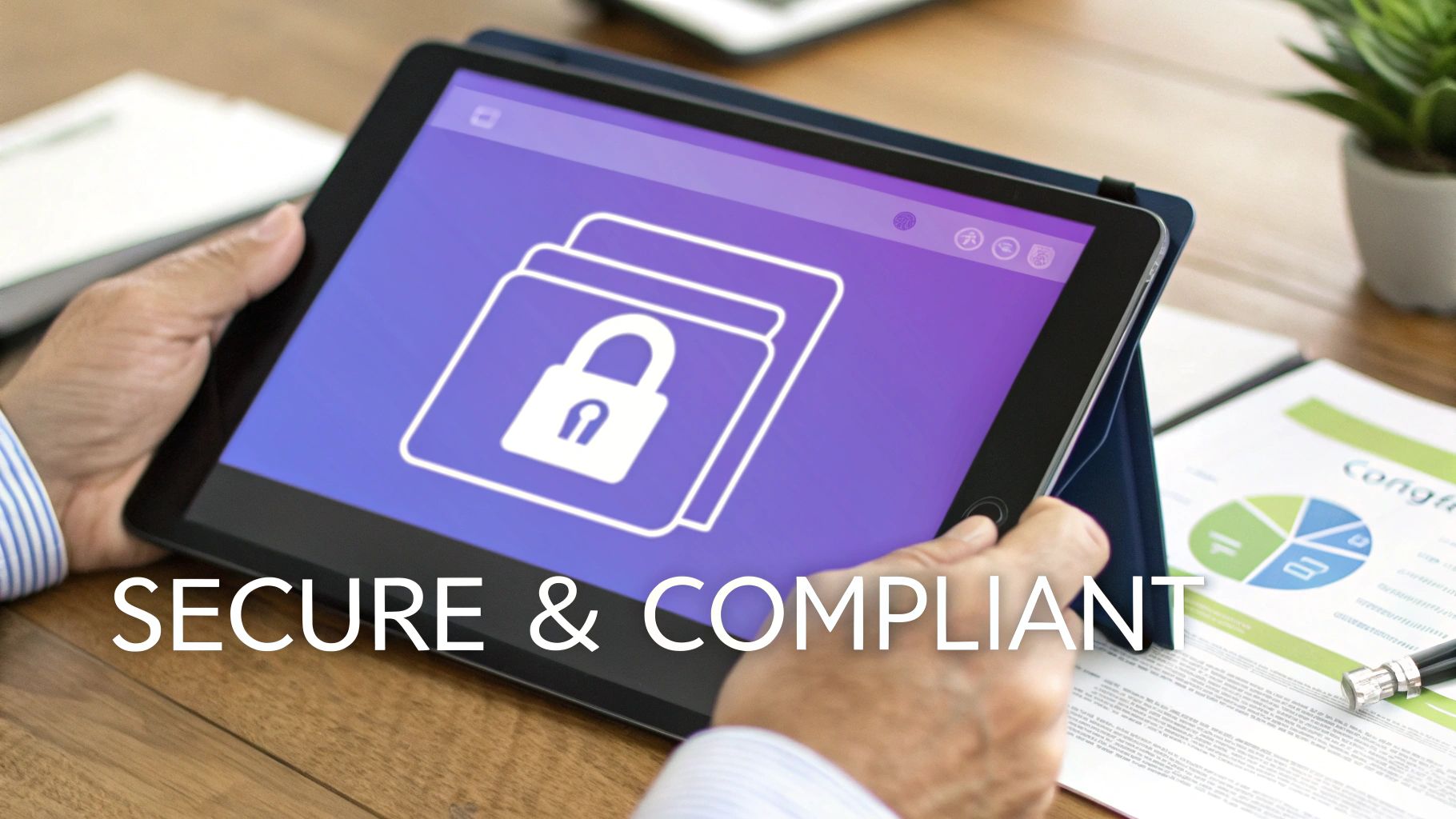 A person holds a tablet displaying secure document icons, with 'SECURE & COMPLIANT' text.