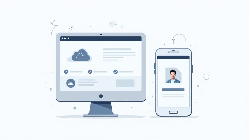 Digital illustration of a desktop computer and smartphone displaying cloud storage and user profile.