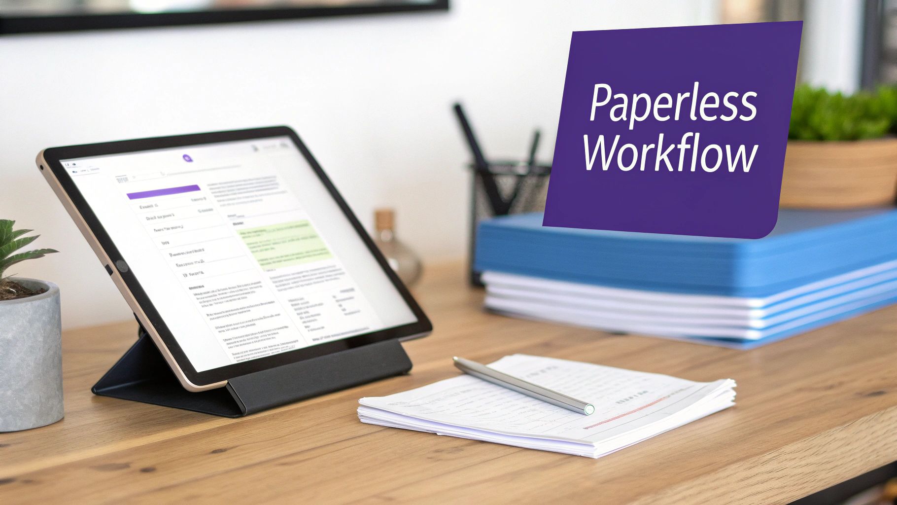 A desk with a tablet displaying digital documents, a pen on papers, and a 'Paperless Workflow' sign.