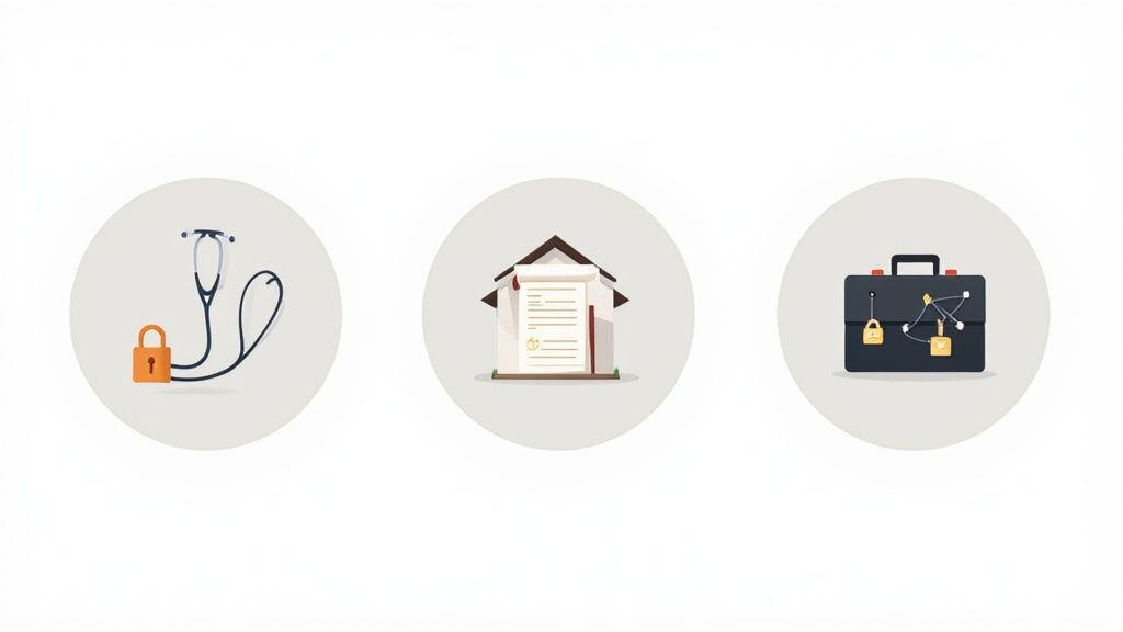 Three icons representing data security and confidentiality: a stethoscope with a padlock, a house with a document, and a briefcase with padlocks.