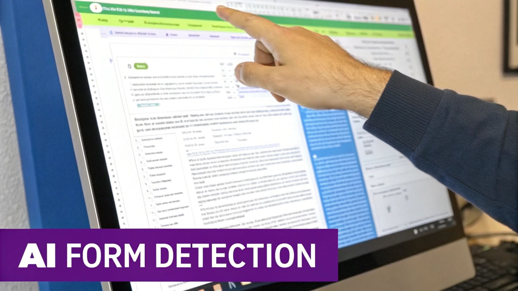 A person's hand points at a computer screen displaying form data, highlighting AI form detection technology.