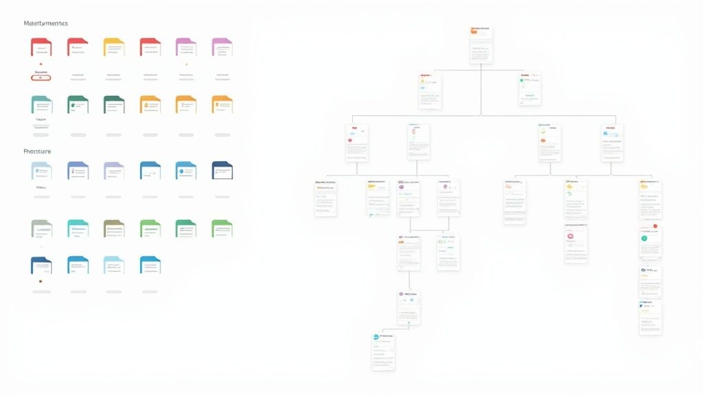 Detailed diagram illustrating document management categories with colorful folders and a hierarchical process flowchart.