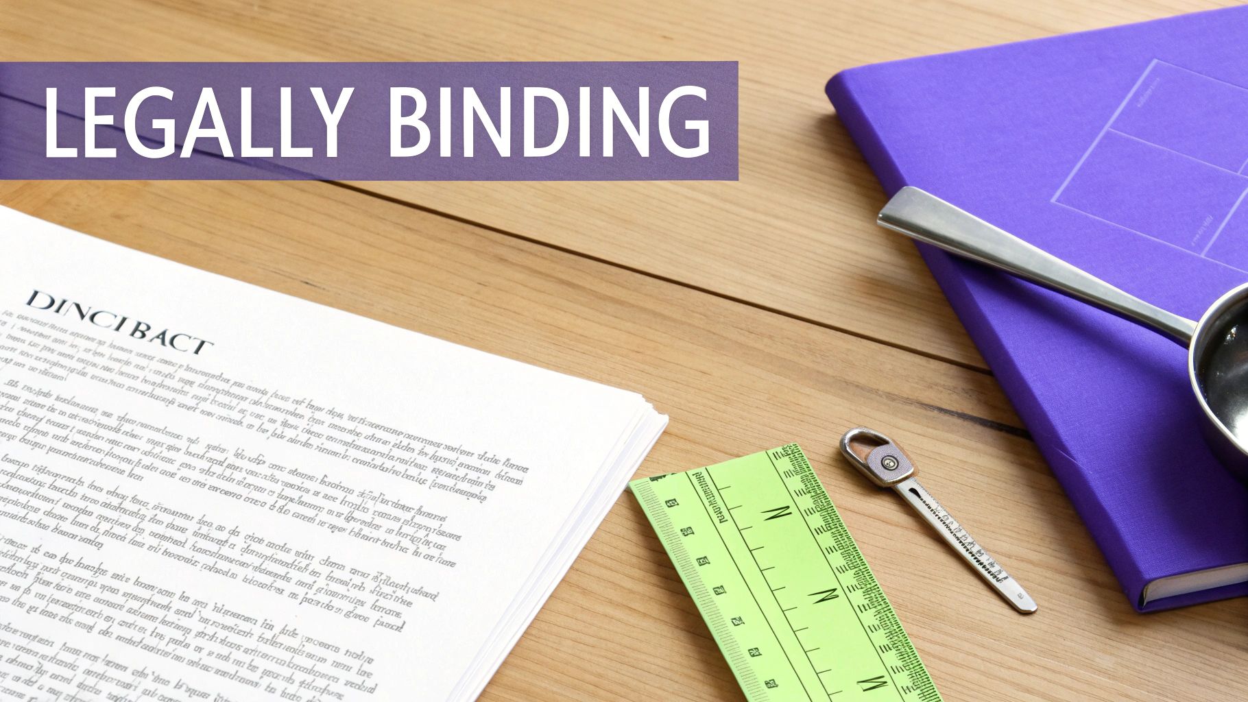 A document with 'LEGALLY BINDING' text, legal papers, a ruler, and a folder on a wooden desk.