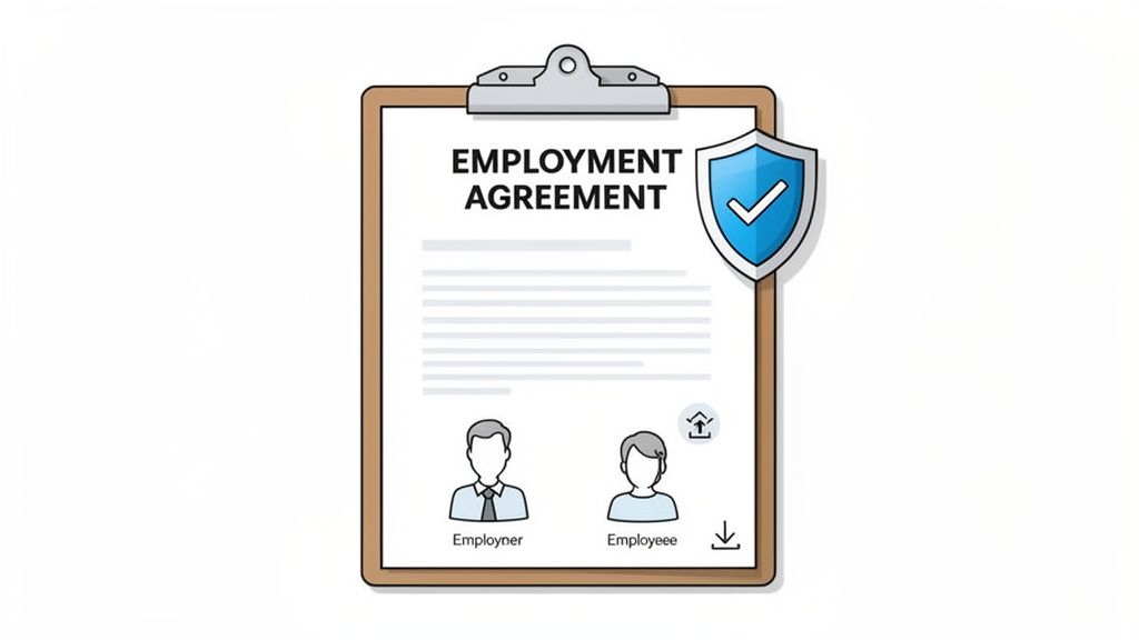 An employment agreement document on a clipboard with employer and employee icons, secured by a shield.