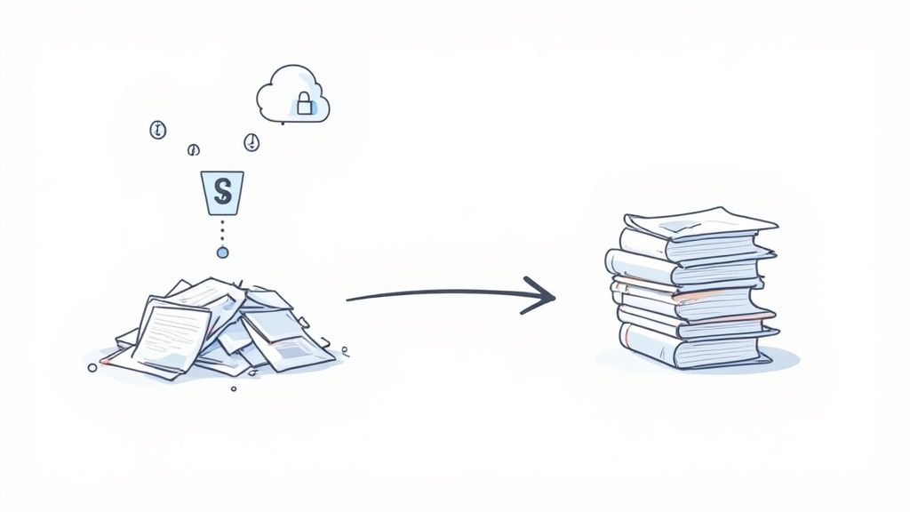 Messy documents transforming into organized stack of books with cloud storage and budget icons above
