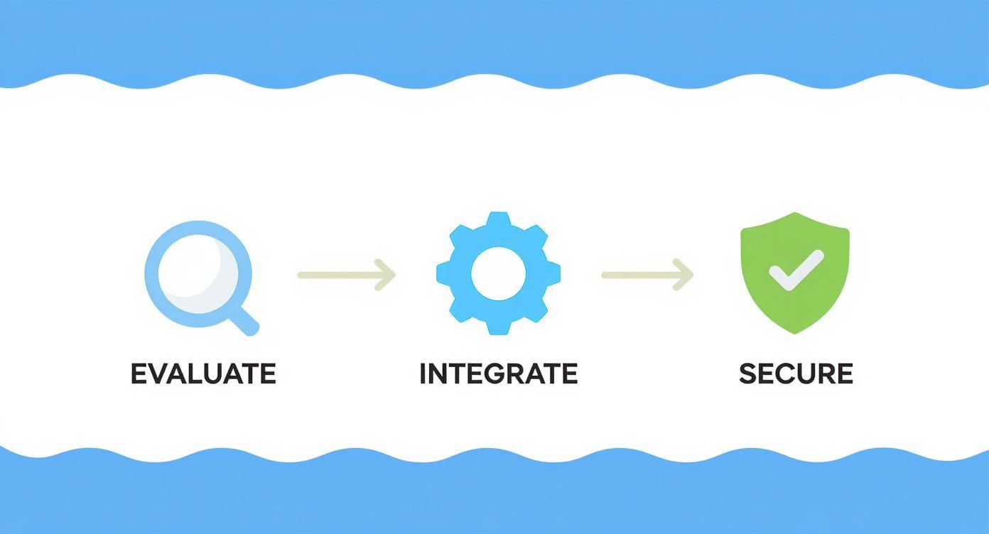 A three-step process flow diagram showing evaluate, integrate, and secure stages with icons.