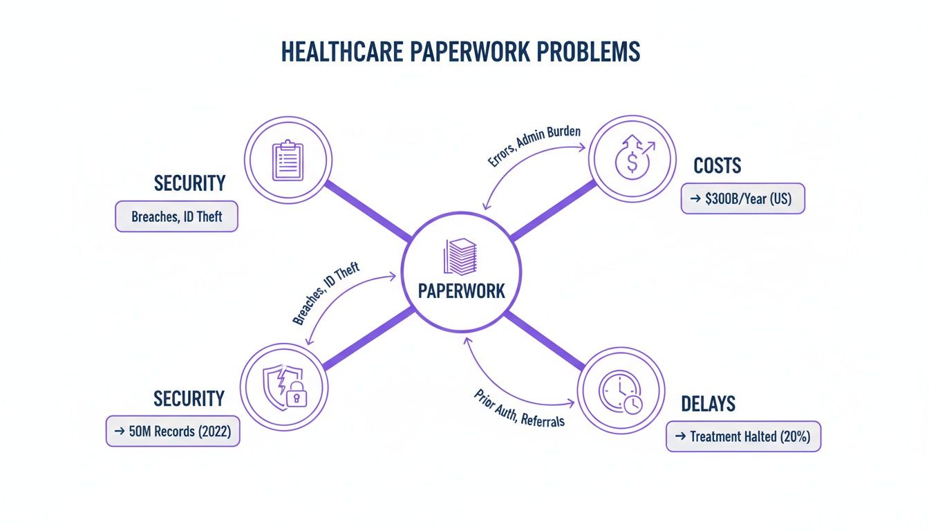 Diagram showing healthcare paperwork problems, including security breaches, high costs, and treatment delays.