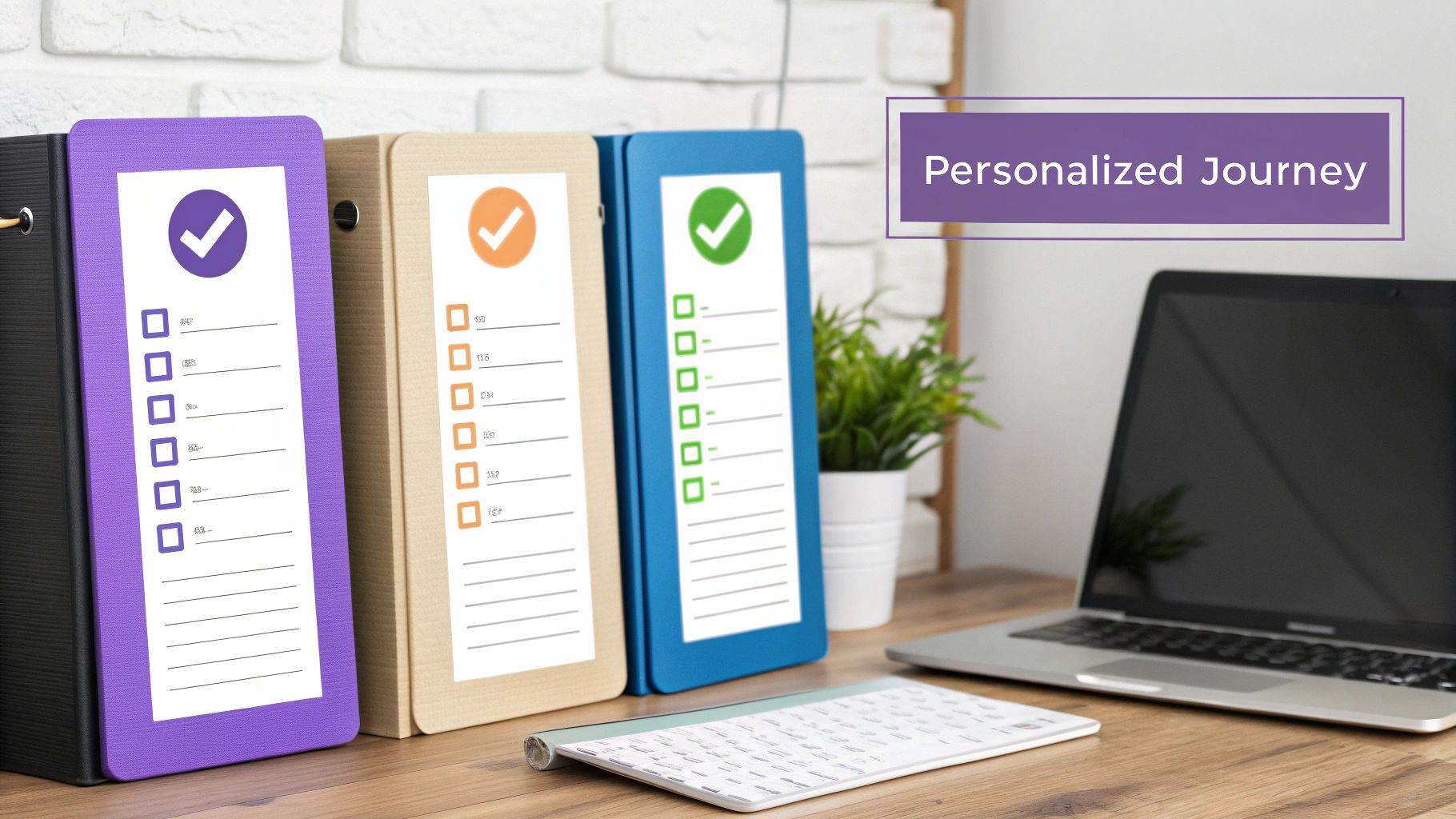 Desk with three colorful binders featuring checklists, a laptop, and a plant, titled 'Personalized Journey'.