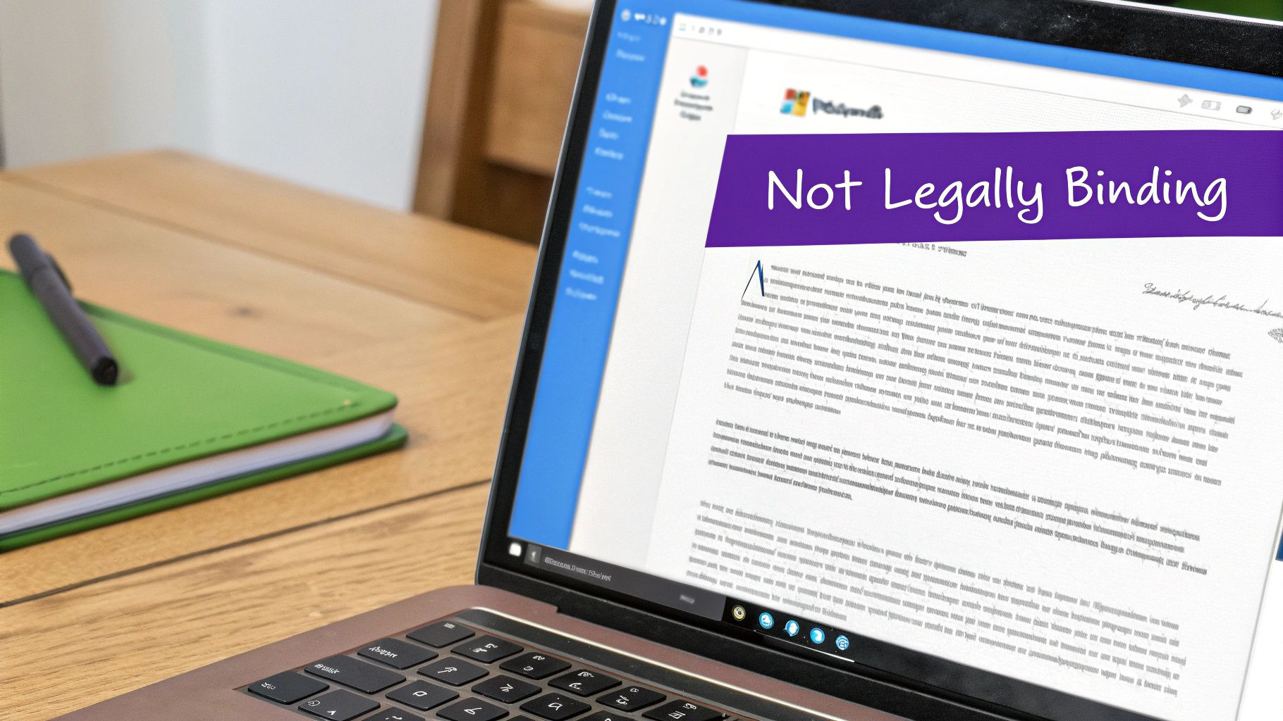 A laptop on a wooden desk shows a Microsoft Word document with a 'Not Legally Binding' banner.