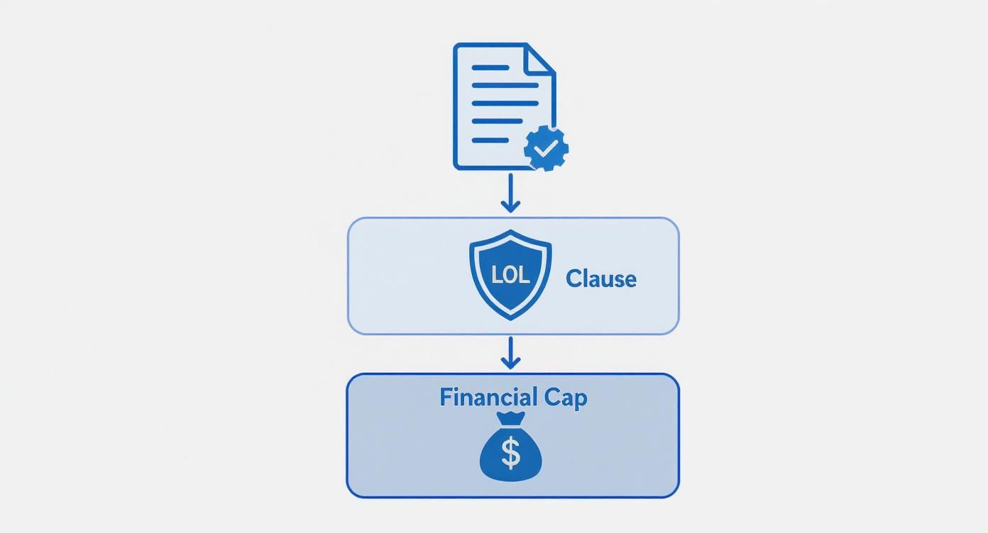 Flowchart showing a legal document being processed into an LOL clause and then a financial cap.