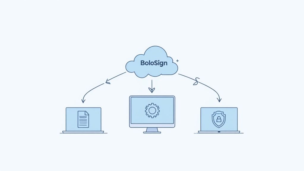 BoloSign cloud service illustrating connections to documents, settings, and secure data on various devices.