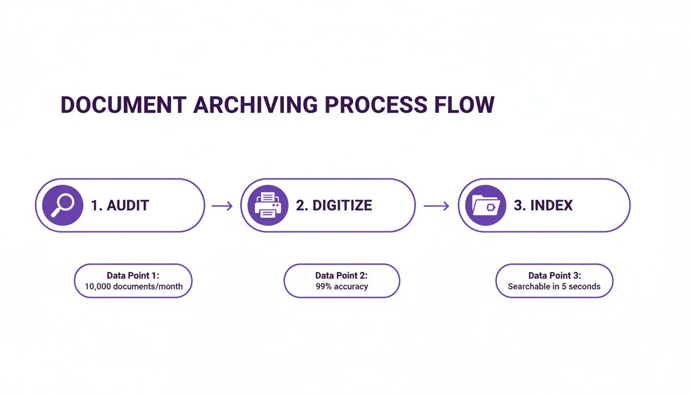 A flowchart illustrates the document archiving process, detailing audit, digitize, and index steps with performance metrics.