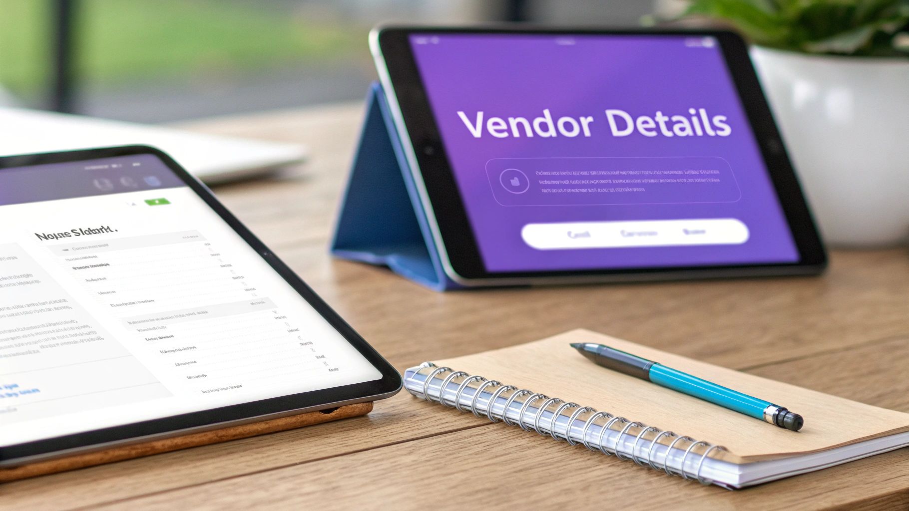 Two tablets on a wooden desk, one displaying 'Vendor Details' and the other a document, with a notebook and pen.