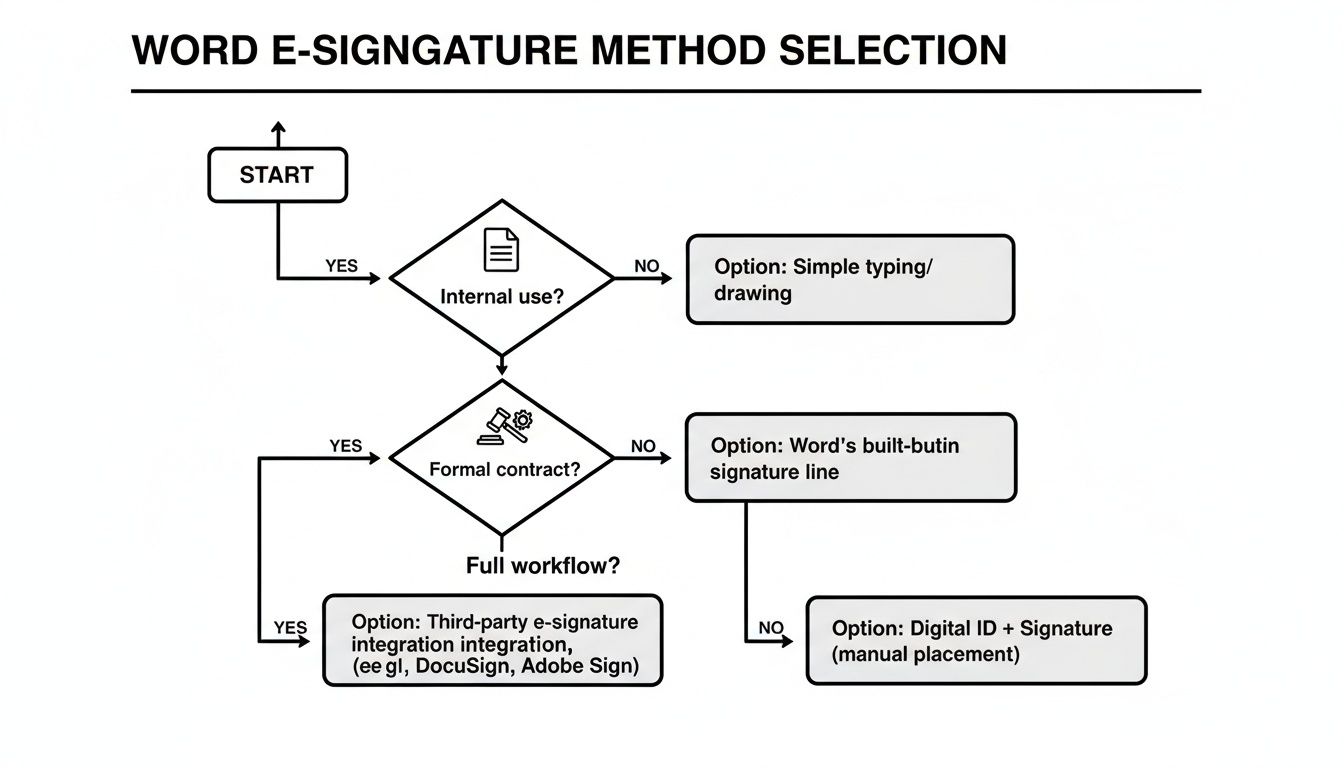 Flowchart guiding the selection of an e-signature method in Word, based on usage and contract type.