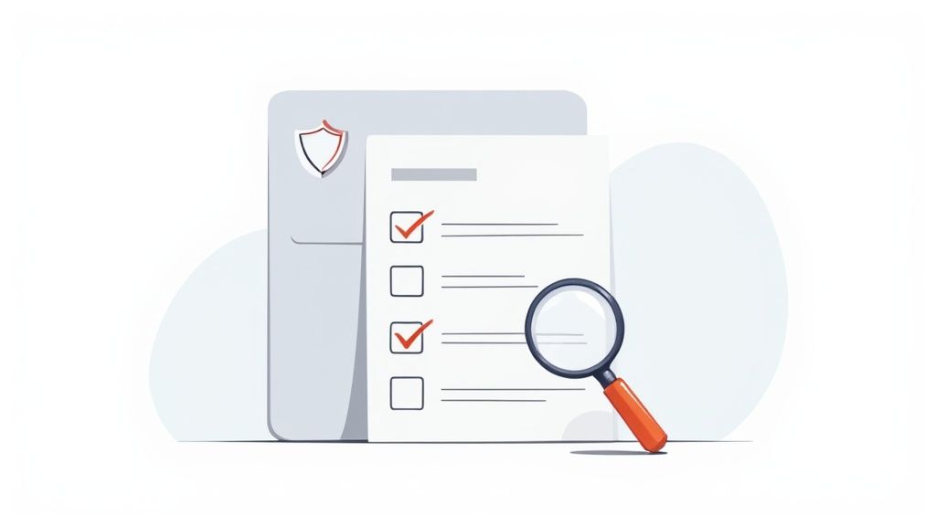Digital checklist with shield icon and magnifying glass representing document verification and security