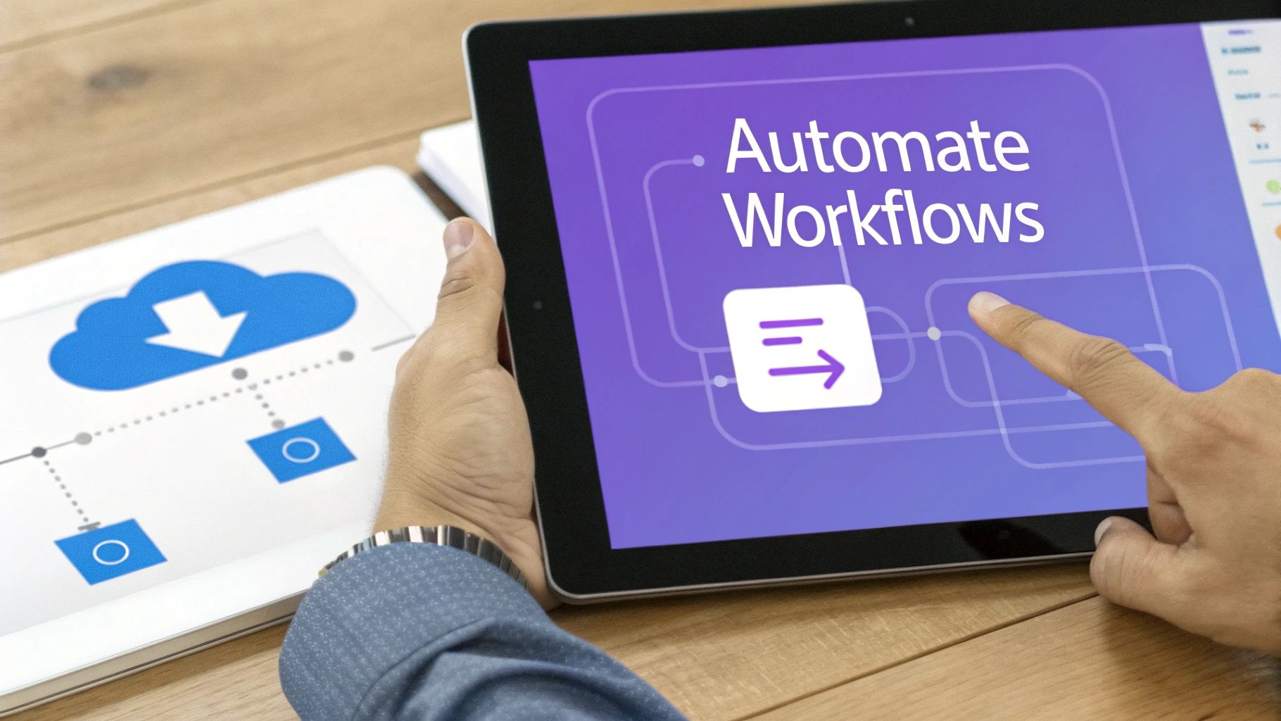 A person's hands use two tablets, displaying digital workflow automation and cloud computing concepts.