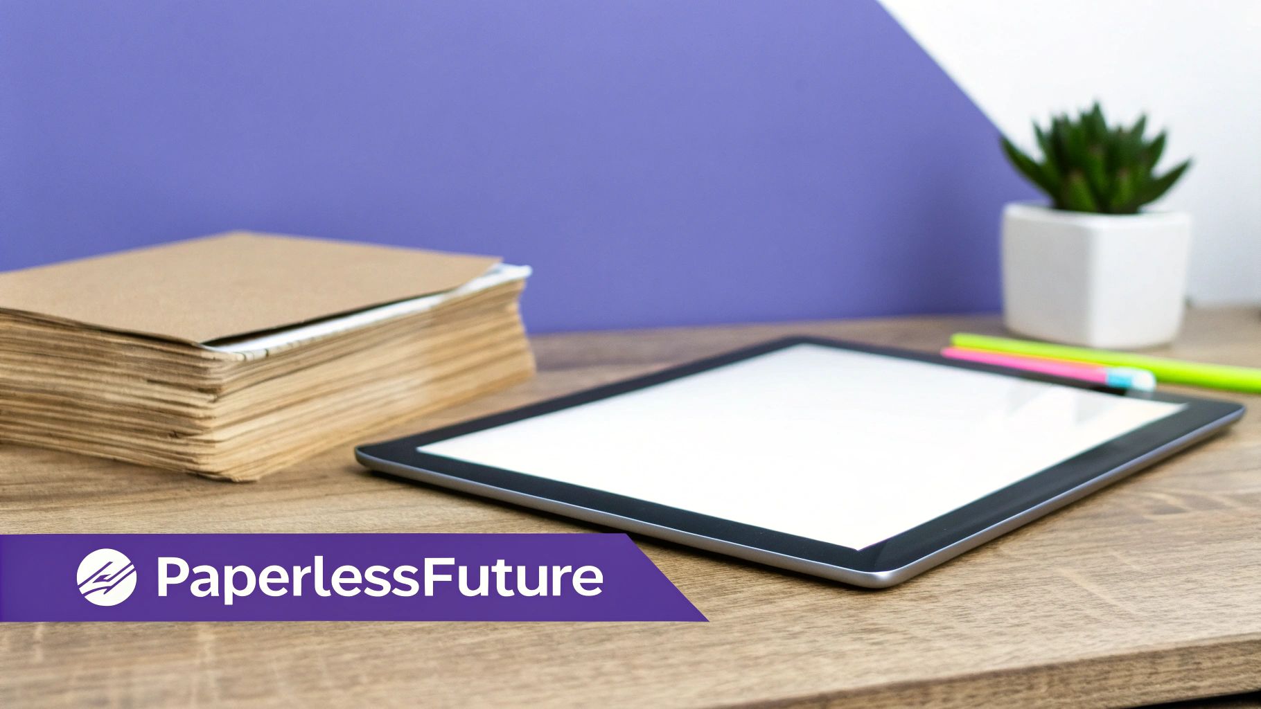 A stack of paper documents next to a tablet with a blank screen, pens, and a plant on a wooden desk.