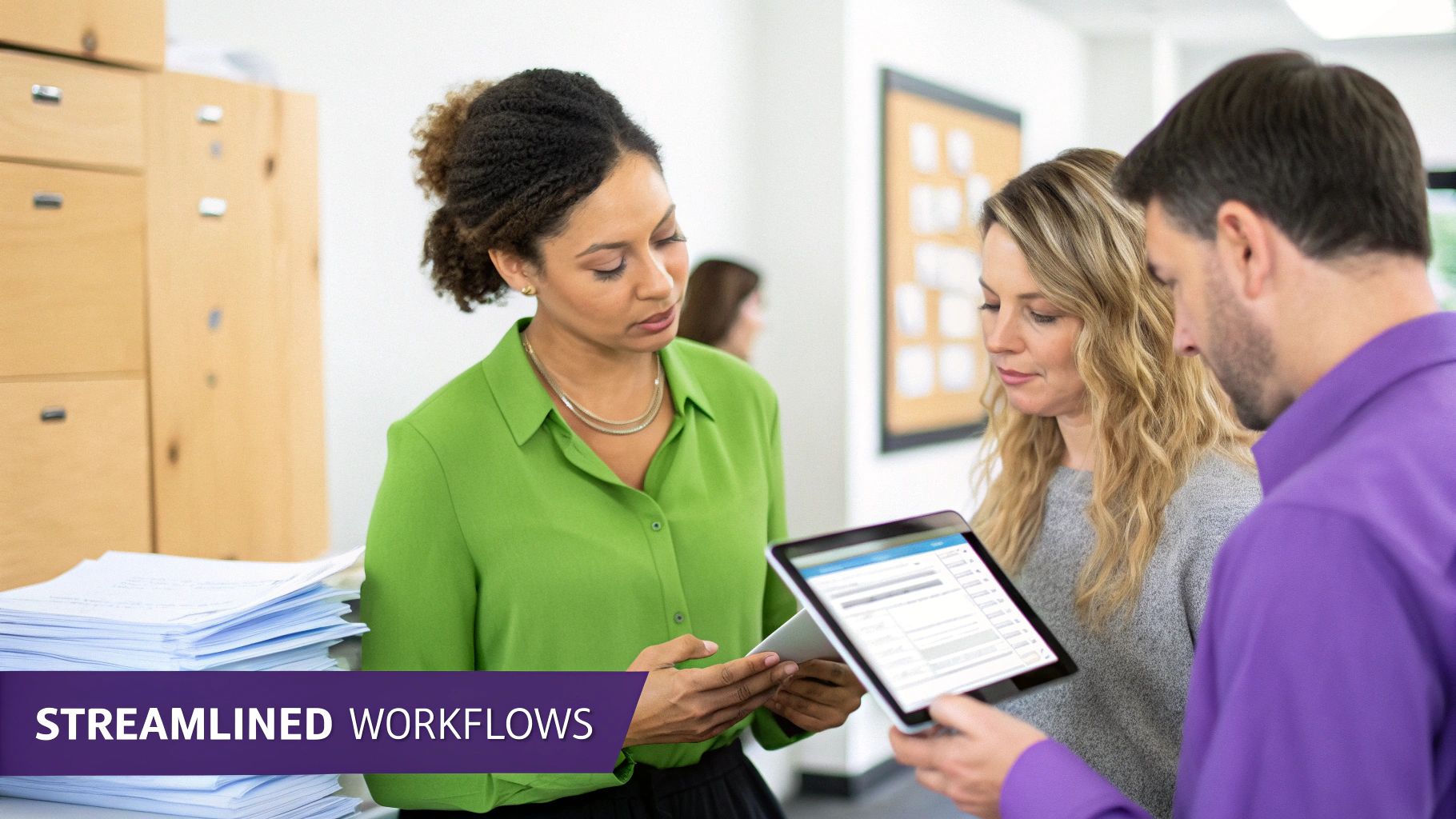 Three colleagues collaborate in an office, reviewing data on a tablet for streamlined workflows.