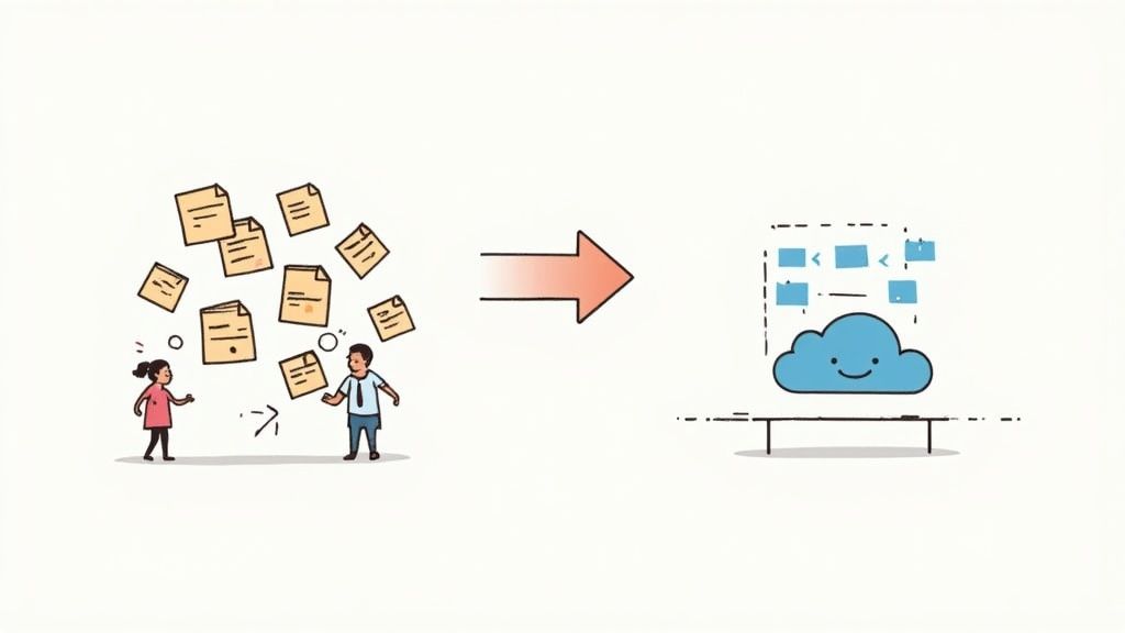 Two people manage physical documents, transitioning them to organized digital cloud storage.