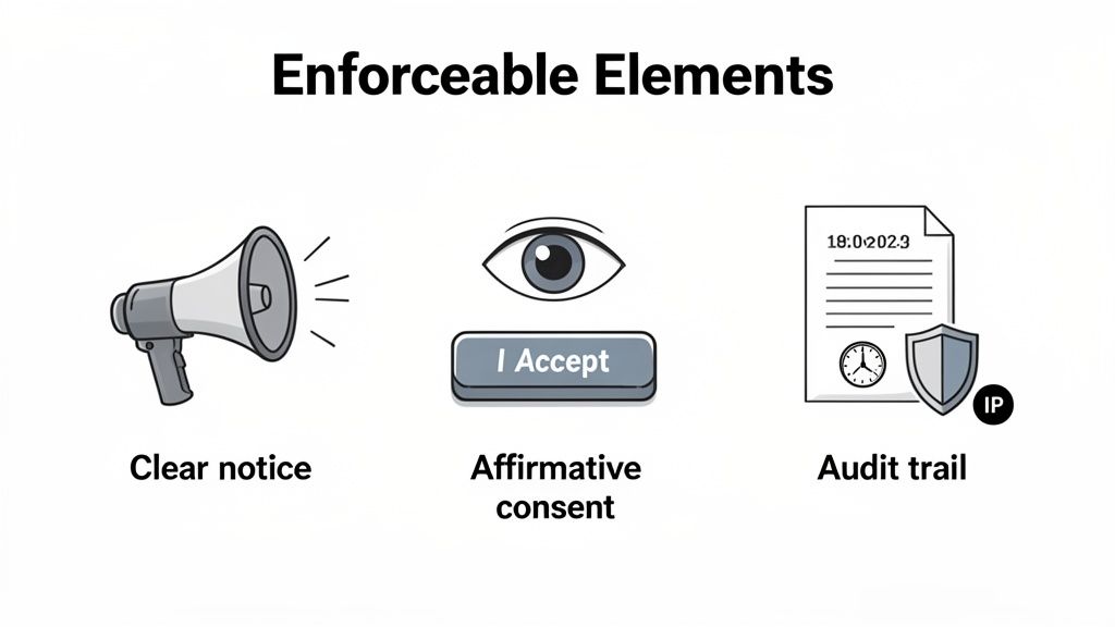 Illustration showing enforceable elements for contracts: clear notice, affirmative consent, and audit trail.