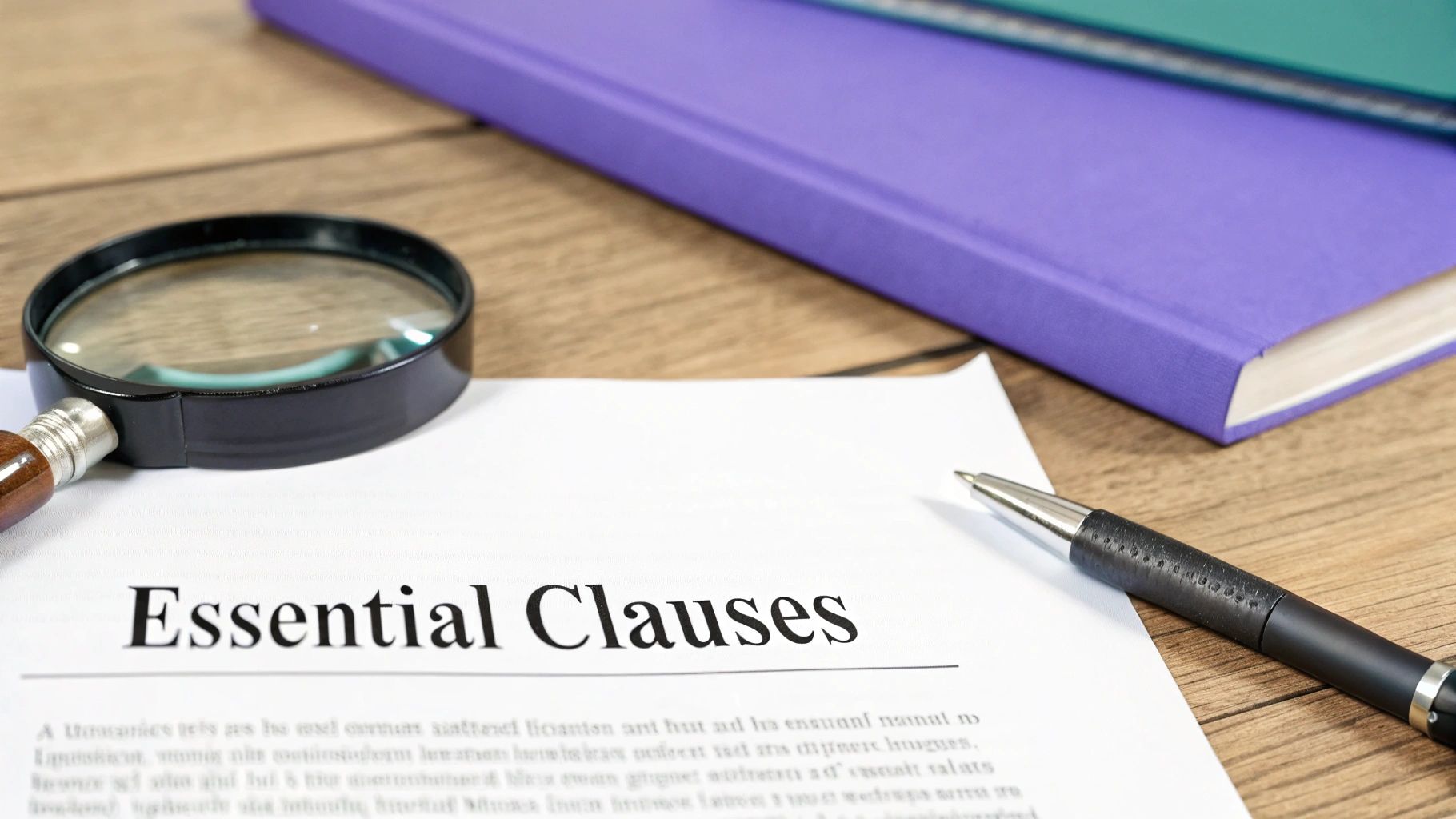 A magnifying glass and pen rest on a document titled 'Essential Clauses' on a wooden desk.