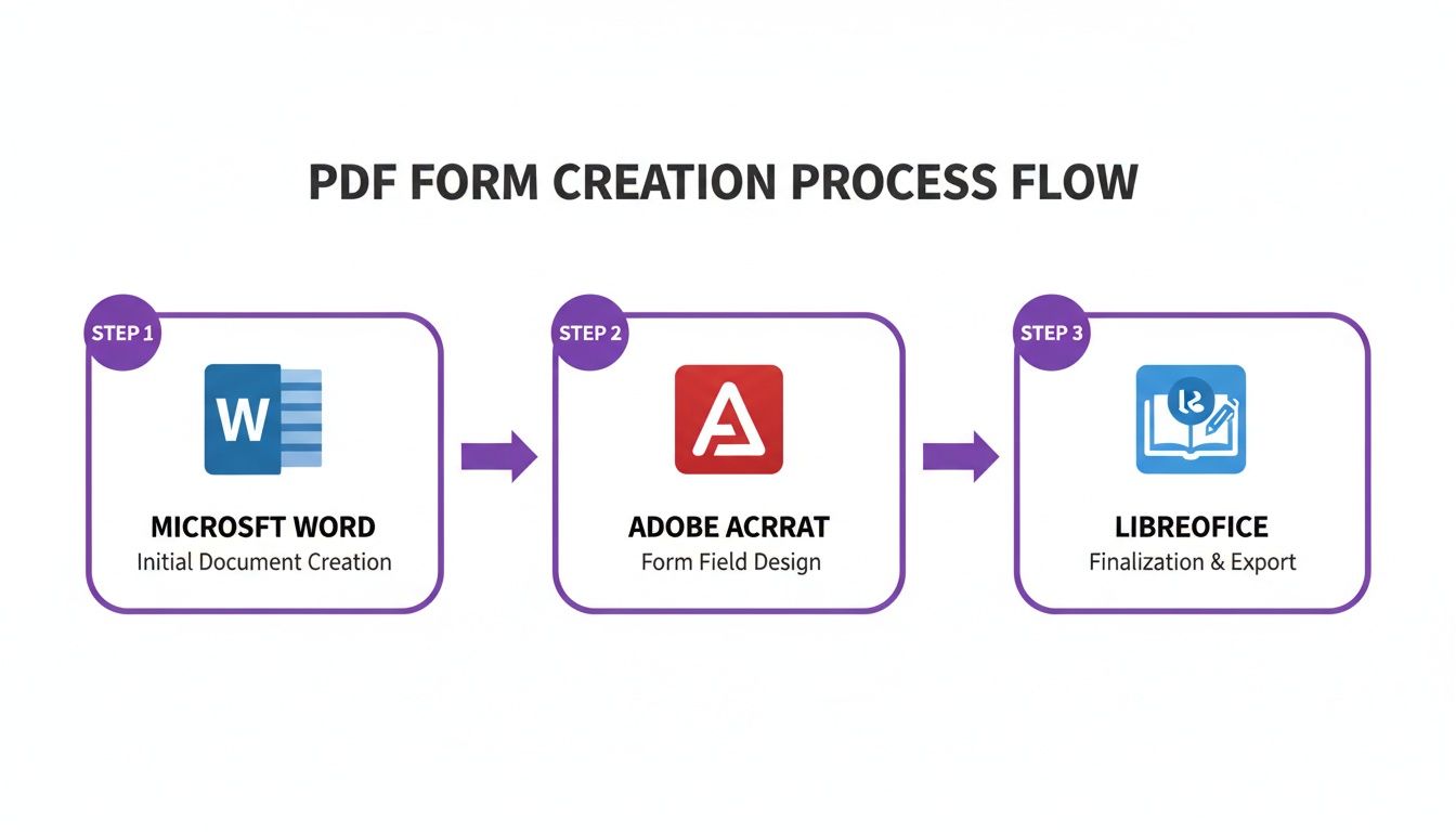 A three-step process flow diagram illustrating PDF form creation with Microsoft Word, Adobe Acrobat, and LibreOffice.