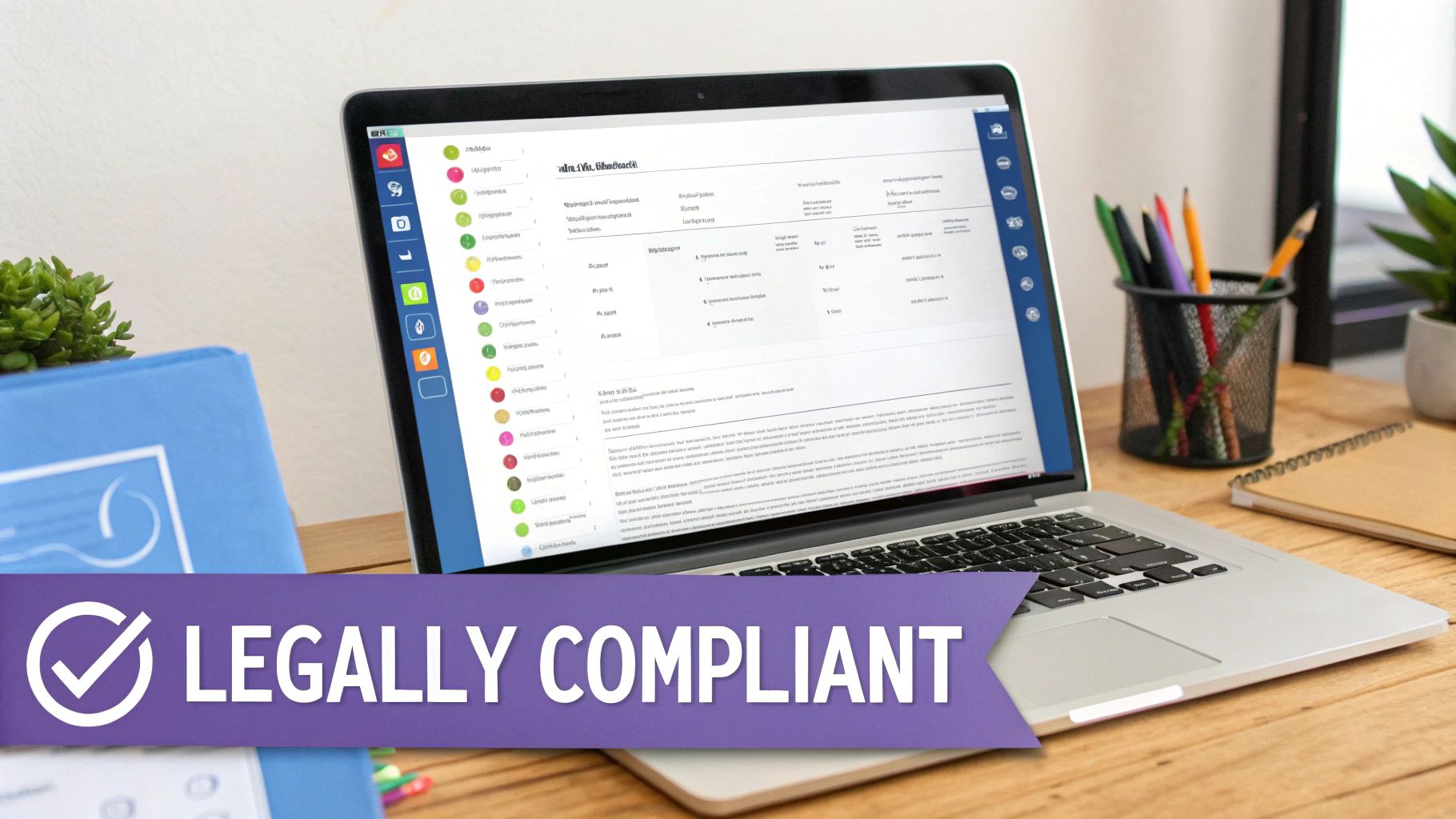A laptop on a wooden desk displays a document, with a checkmark and 'LEGALLY COMPLIANT' banner.