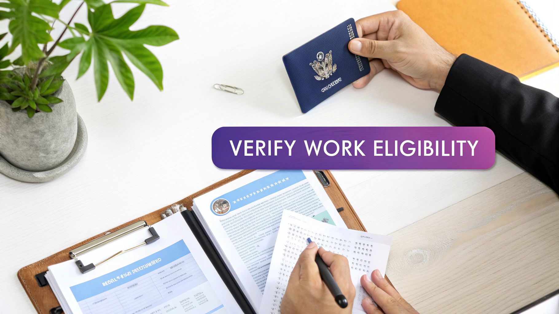 A person holding a blue identification card while another fills out work eligibility forms on a desk.
