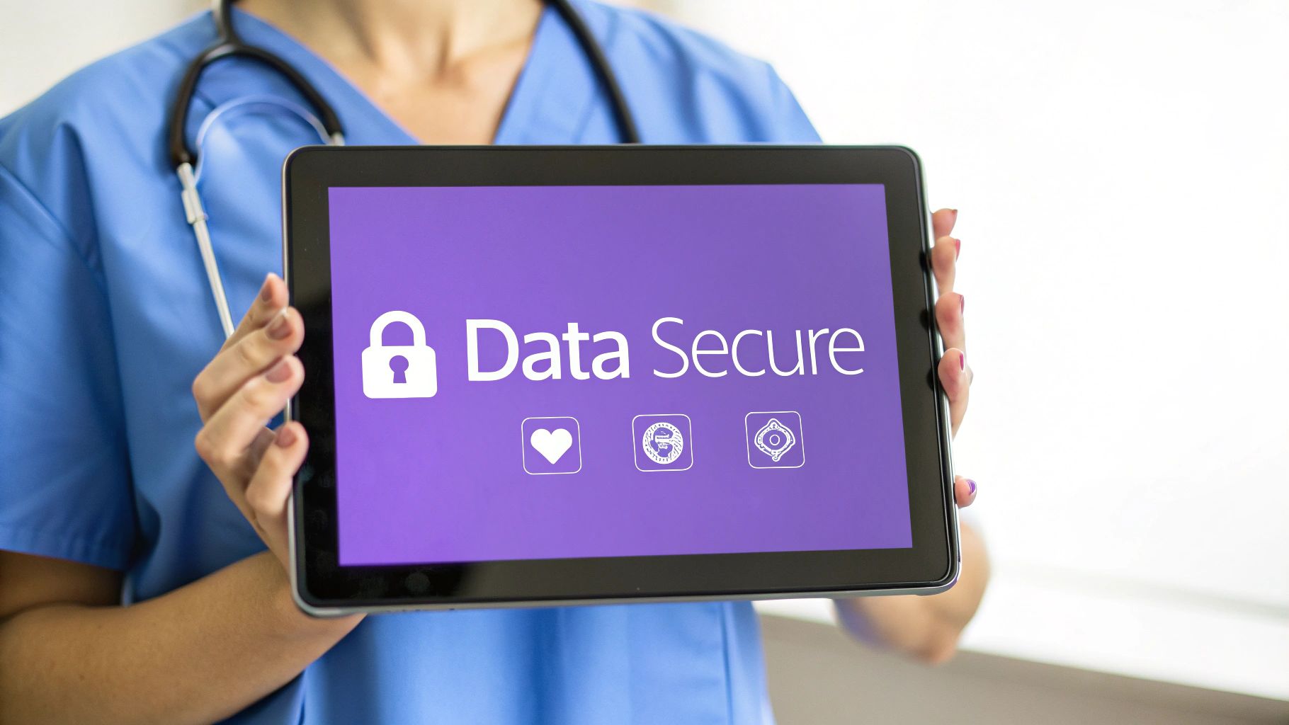 A healthcare professional in blue scrubs holds a tablet displaying 'Data Secure' with a padlock icon, emphasizing data protection.