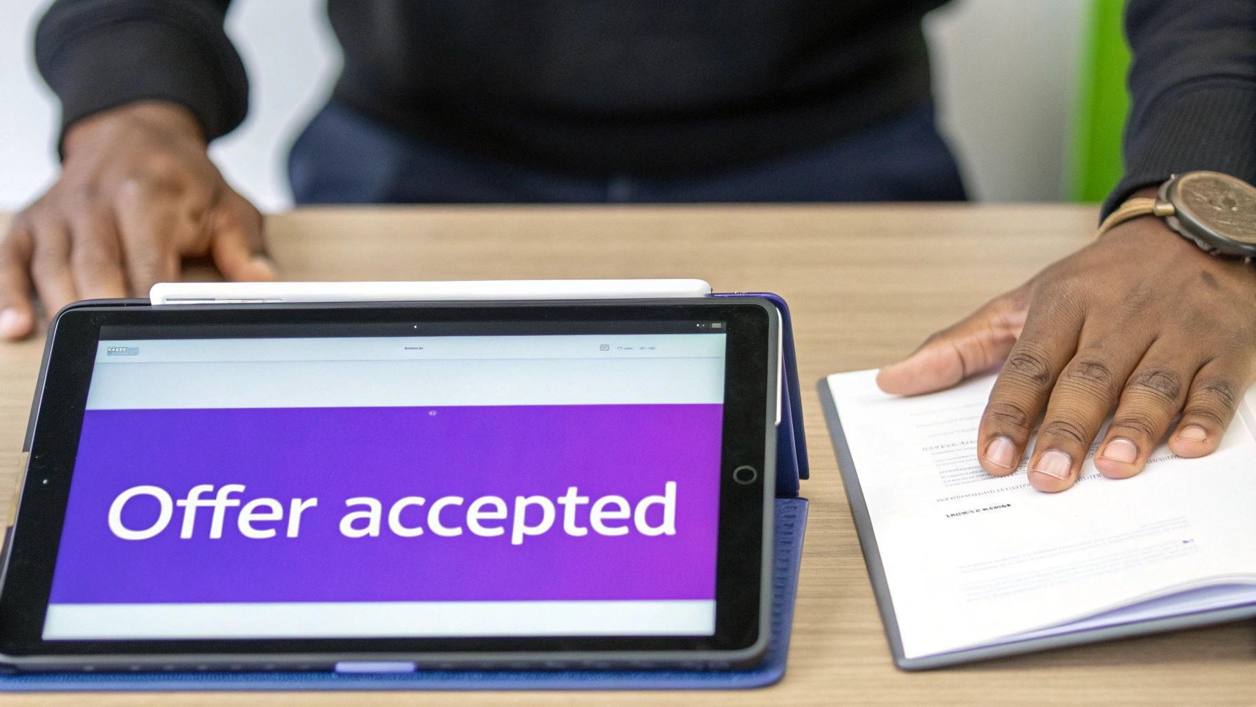 A person's hands on a table with a tablet displaying 'Offer accepted' and an open notebook.
