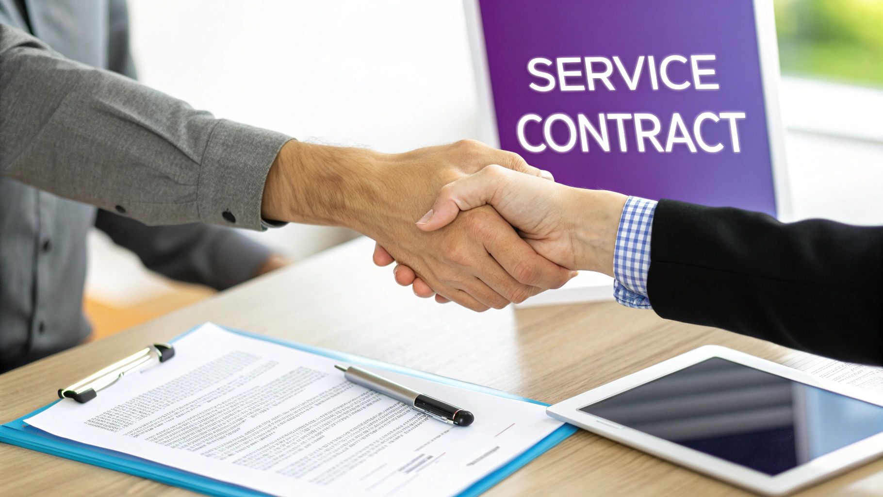 Two business people shake hands over a service contract, with documents and a tablet on the table.