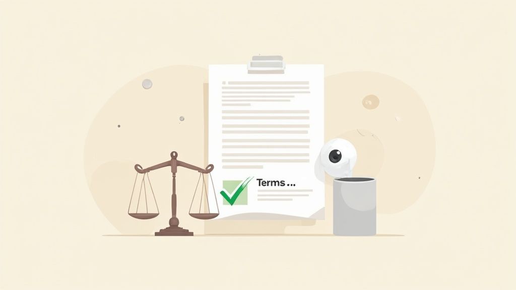 Legal document with checkmark, balance scales, and webcam illustrating digital agreement acceptance