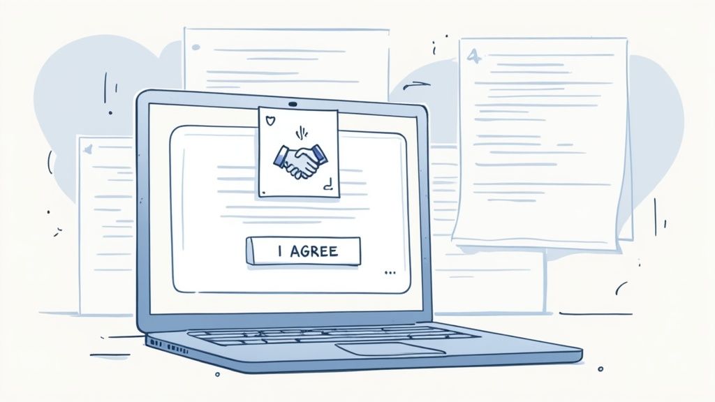 A sketch of a laptop showing a digital agreement with a handshake icon and 'I AGREE' button, surrounded by documents.
