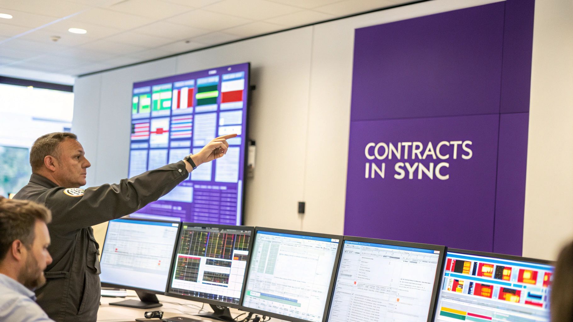A man points at a large screen displaying data, surrounded by multiple monitors in a control room.