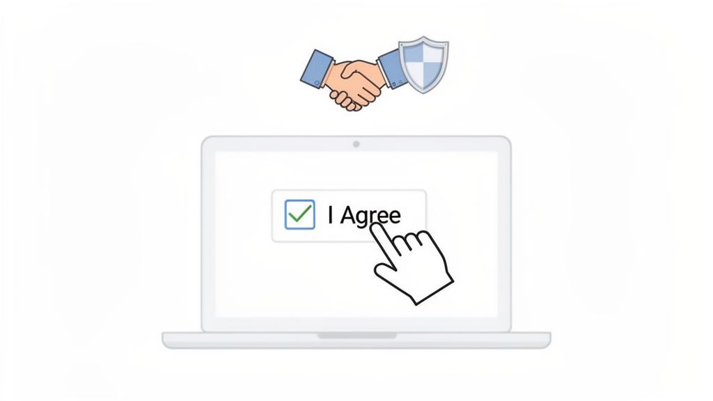 A hand clicks 'I Agree' on a laptop screen, symbolizing an online contract agreement, with a handshake and shield.