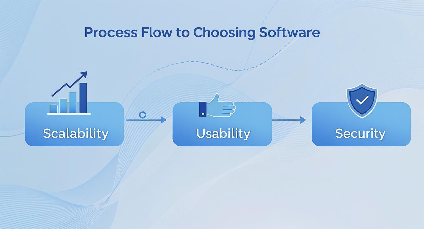 An infographic showing the process flow for choosing vendor contract management software, focusing on Scalability, Usability, and Security.