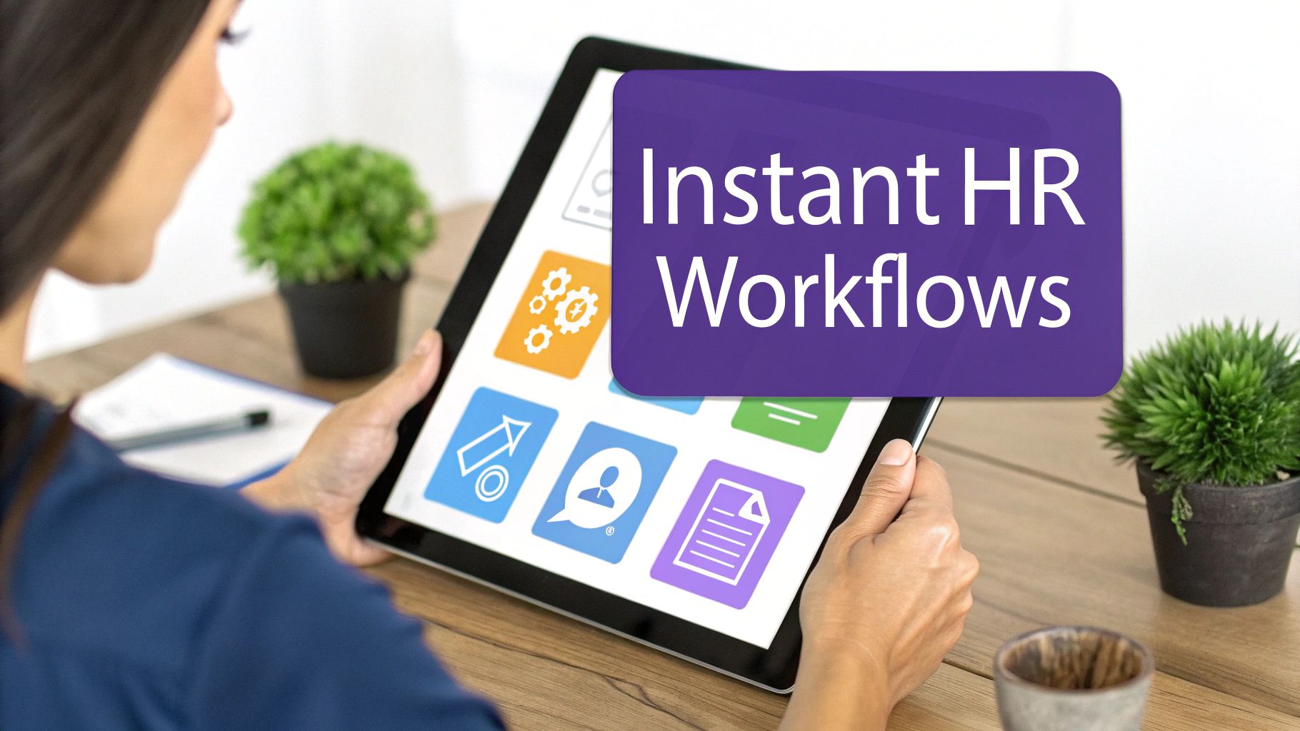 Professional woman using tablet displaying instant HR workflows automation software with colorful interface icons