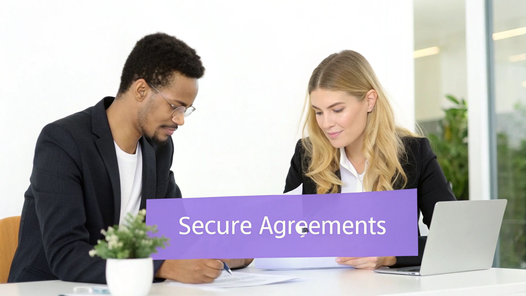 Two diverse professionals, a man and a woman, review documents at a desk with 'Secure Agreements' text.