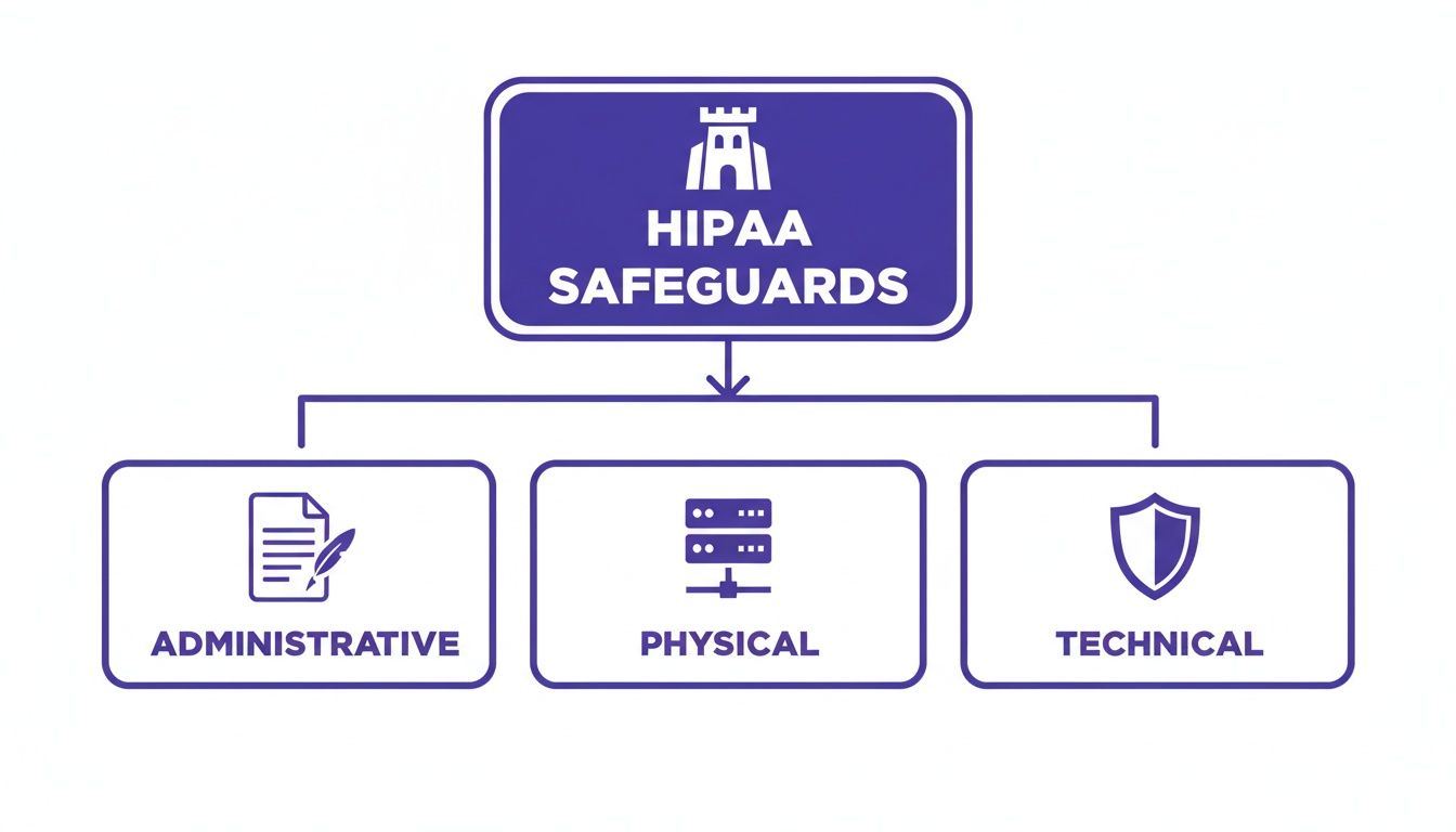 A diagram illustrating the three main HIPAA safeguards: administrative, physical, and technical.