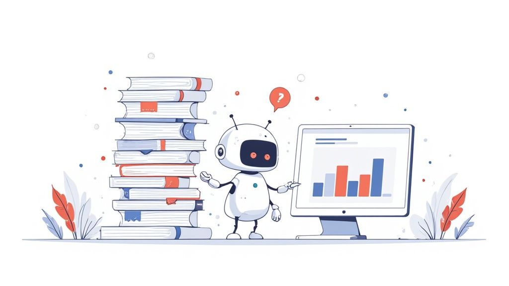 A cute white robot stands between a tall stack of books and a computer showing a bar graph.
