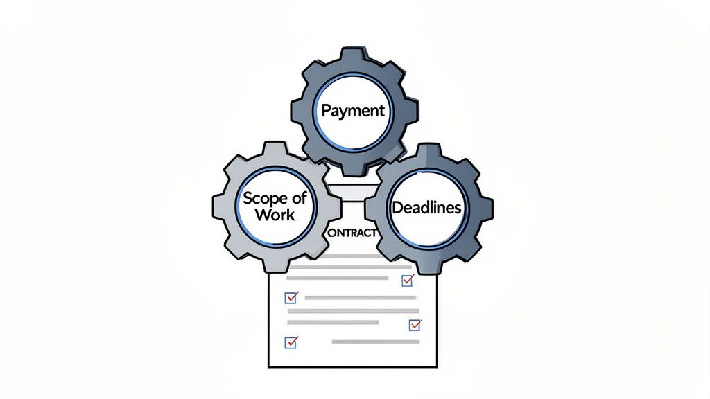 Three interconnected gears labeled Payment, Scope of Work, and Deadlines above a contract document.